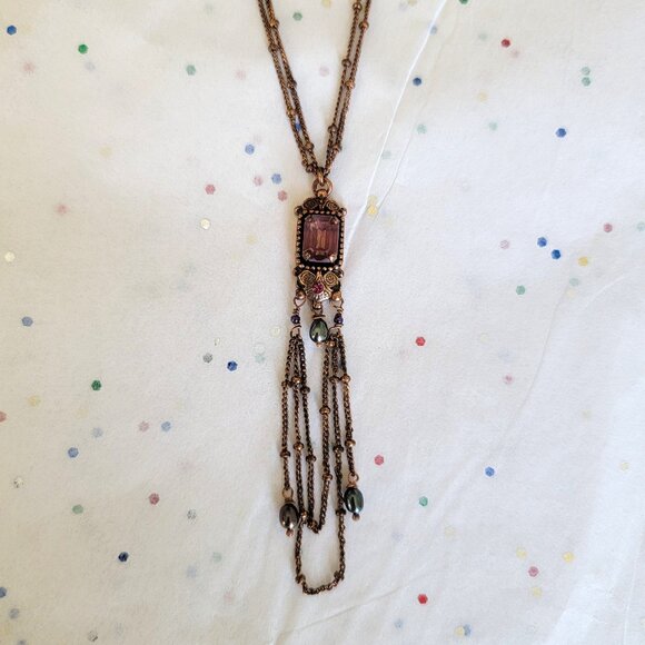 SATELLITE PARIS VINTAGE FACETED RECTANGULAR AMETHYST GLASS NECKLACE W/ DANGLES - Picture 3 of 9